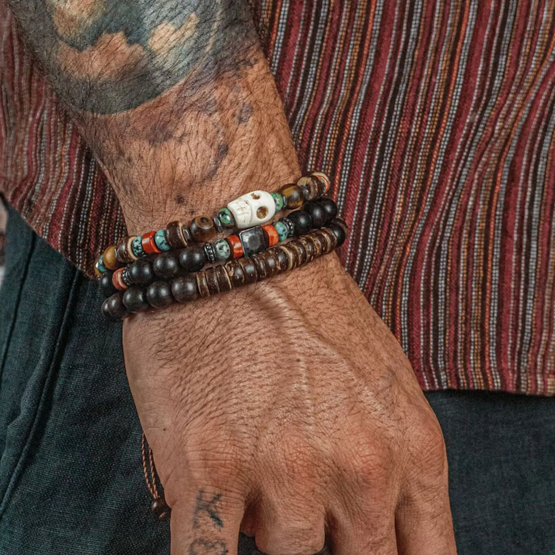 WG 1pc Vintage fait à la main perlé crâne Bracelet pour hommes en bois coquille de noix de coco perlé Bracelet bijoux