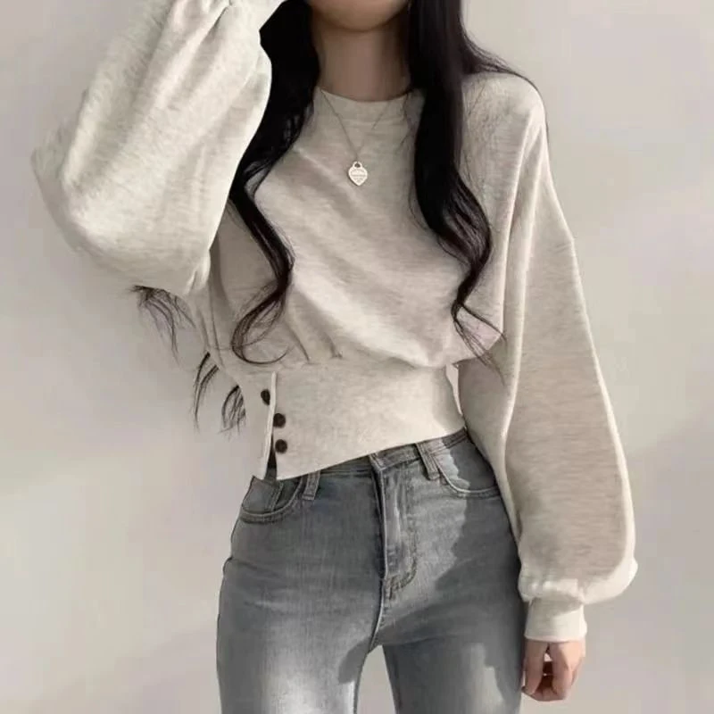 Autumn Women Solid O-Neck Slim Crop Top Lantern Sleeve With Button  Sweat Casual Hip-Hop Sporty Pullover Sweet Chic Street Wear