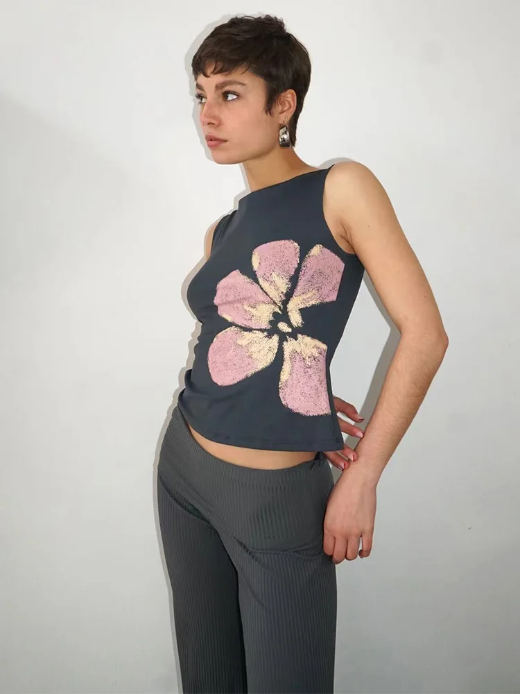 Women's Flower Print Crop Tank Top Fitted Boat Neck Sleeveless Summer Top for Party Club 2025 New Fashion