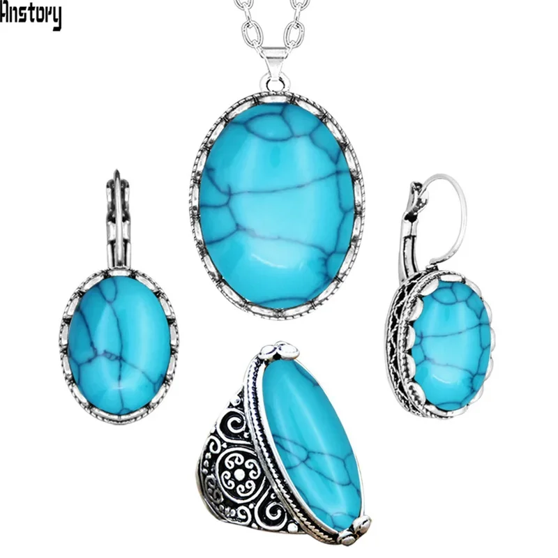 Oval Synthetic Turquoises Jewelry Set Choker Necklace Earrings Rings For Women Hollow Flower Pendant Stainless Steel Chain