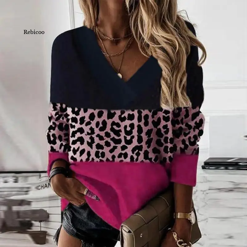 Casual Women Pullover Vintage 3 Color Patchwork Leopard Sweatshirts Office Lady Sexy V Neck Long Sleeve Sweatshirt Fashion Tops