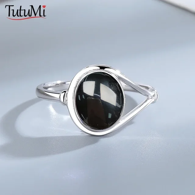 Pierścionek ze srebra próby 925 z naturalnym owalnym czarnym onyksem 8*10mm, prosty styl, pierścionek z certyfikatem z naturalnym kamieniem, elegancka biżuteria dla kobiet i mężczyzn.