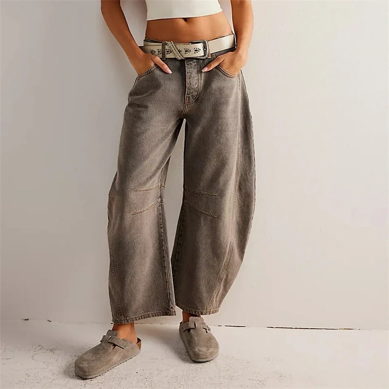 

High Stretch Mid-Rise Barrel Jeans Fashion Wide Leg Shape Women Casual Baggy Mid Waist Denim Jeans