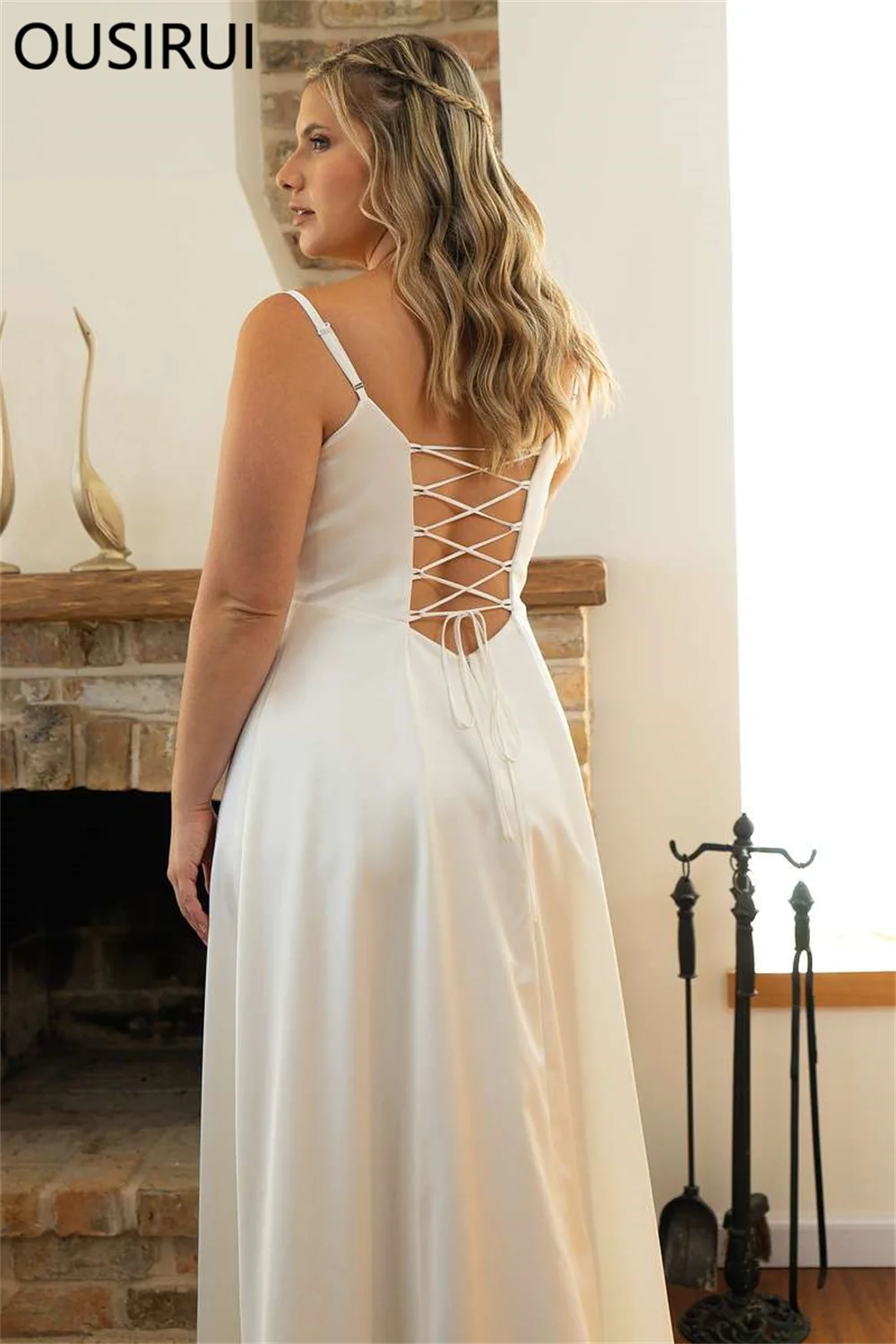 Simple V-enck Satin Solid Wedding Bridal Dress Sheath Lace up Long Court Wedding Party Gown Vestido de novia