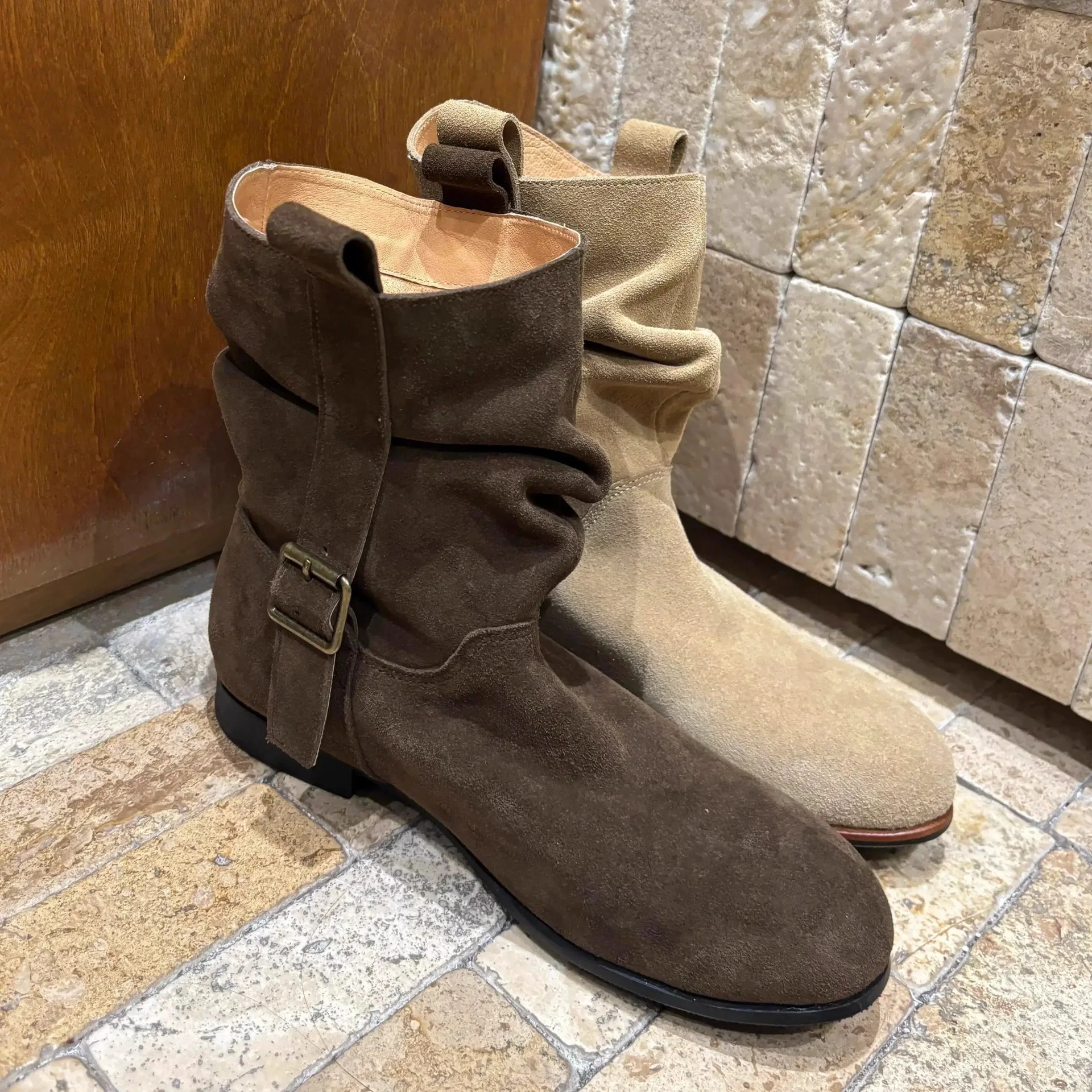 Women's Fashion Low Pile Booties Western Casual Pointed Toe Folded Design Mid-Calf Retro Style Boots Rubber Upper Cushioning PU