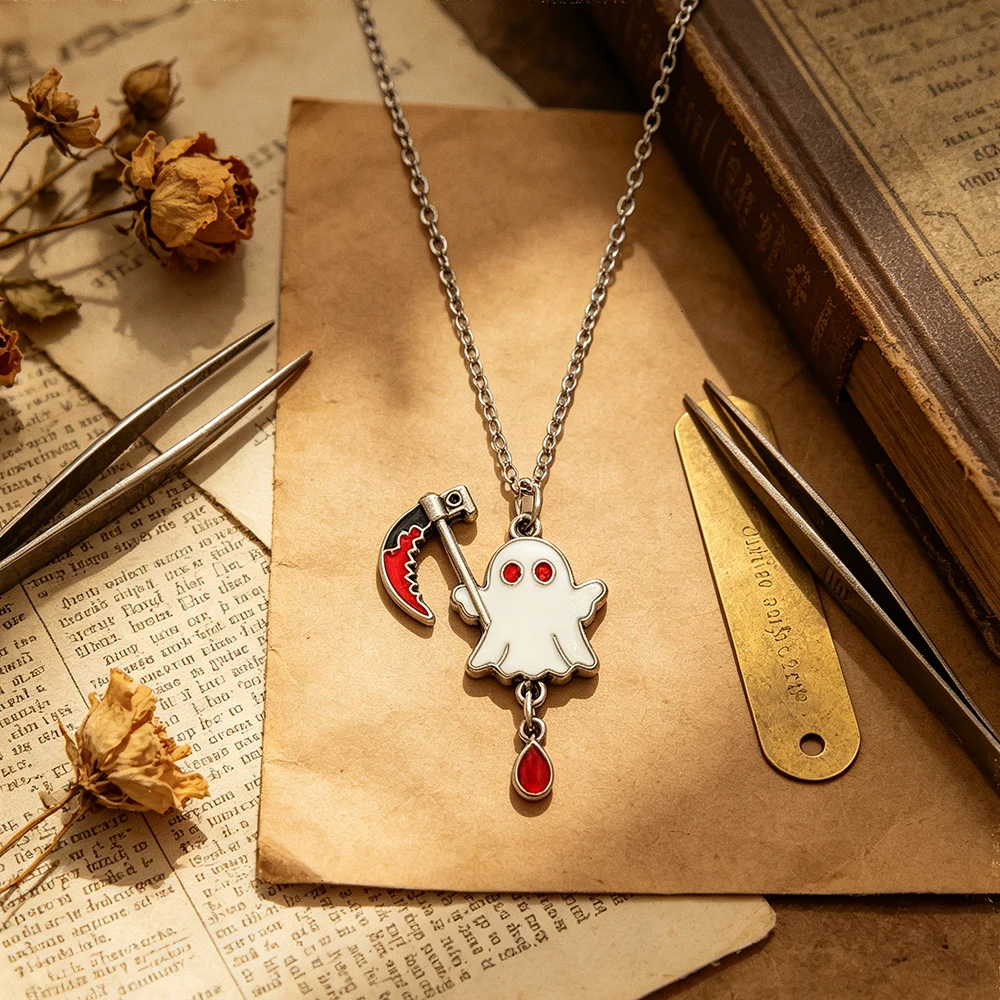 Halloween Ghost Scythe Blood Drop Pendant Necklace Black and White Little Ghost Oil Drop Clavicle Chain Dark Gothic Party Accessory