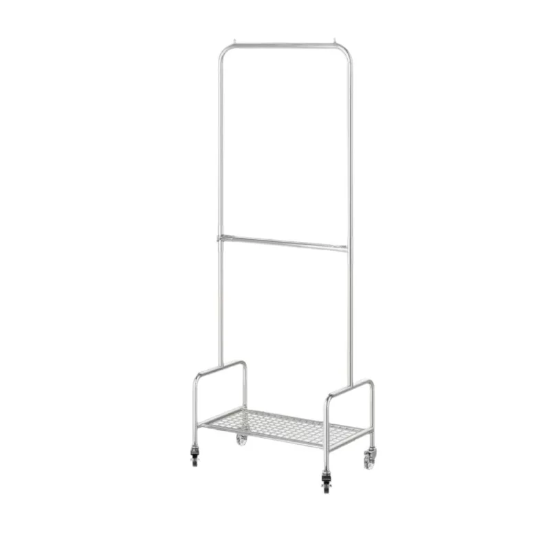 

Electroplated bright silver thickened load-bearing double-layer floor coat rack, clothes drying rod adjustable clothing store