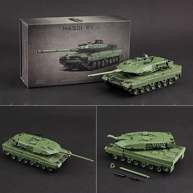 MASSDI Model 1:64 Scale Leopard 2A6 Main Battle Tank Model NATO Three-Color Camouflage Military Green Alloy Car Model