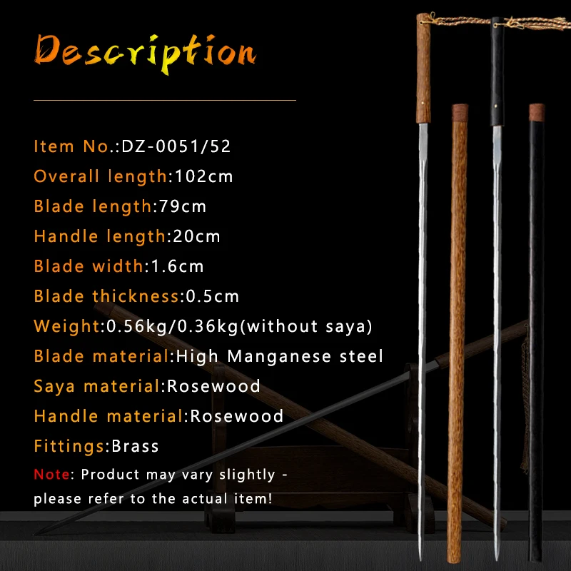 Shirasaya Chinese Rapier Sword,Real Metal Manganese Steel,Ebonywood Sheath Saya Tsuka,Traditional Swords,Two Colors for Choise