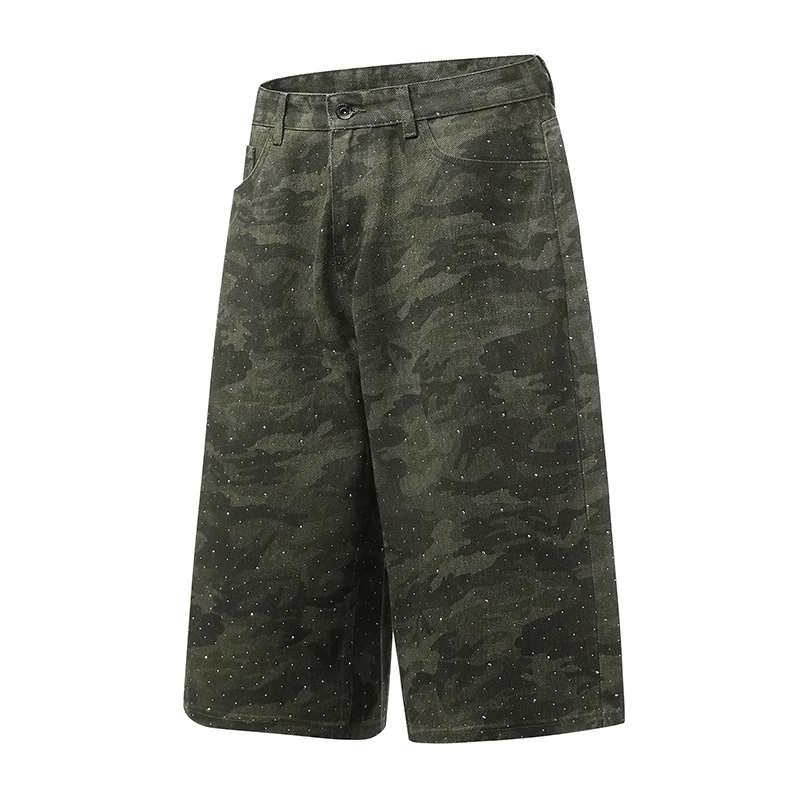 Utility Men's Denim Shorts Dark Green Camouflage Speckle Detail Baggy Fit Heat-melting Rhinestone Knee Length Pants