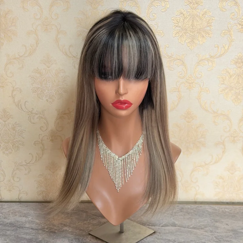 

Парик из натуральных волос с челкой DArk Ashy Blonde Женские парики с кружевным верхом для женщин 100% натуральная бахрома Китайские девственные волосы Бесклеевые парики