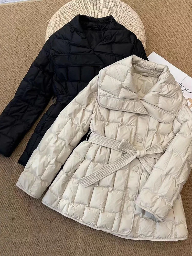 Winter Mid Length Large Lapel Down Jacket Women White Duck Down Big Pocket Loose Parker Outwear Female Thick Warm Lace Up Jacket