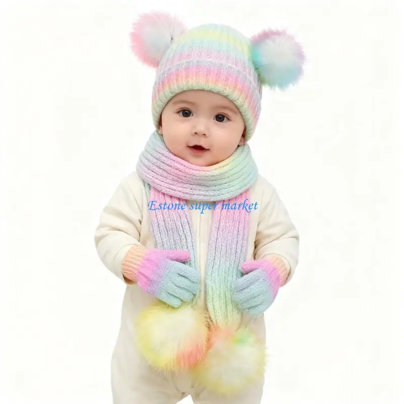 

090B Warm Baby Knitted Hat Neck Scarf Gloves Set Soft Wool Blended Cold Weather Gear