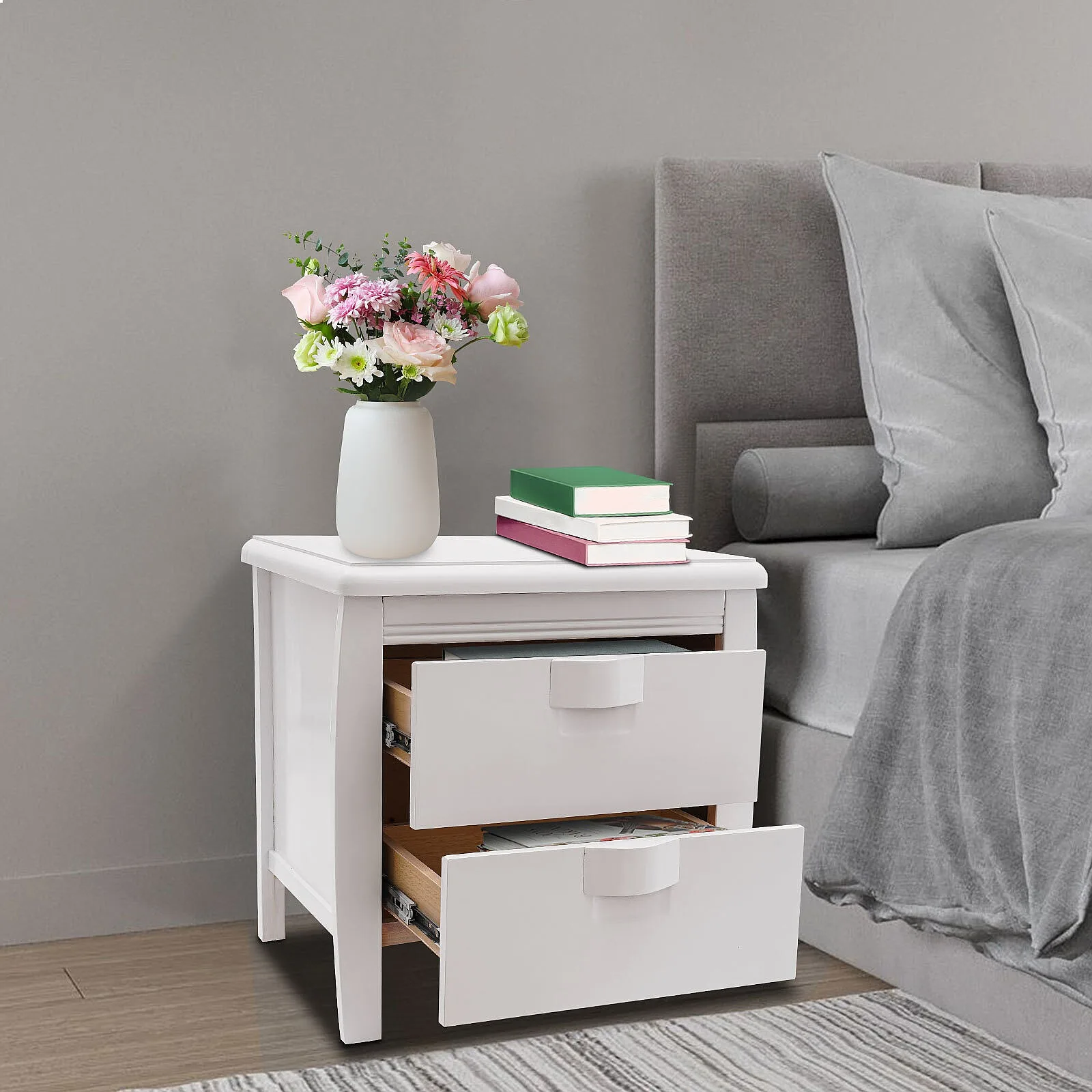 Solid Wood Nightstand 2 Drawer Bedside Table Modern Night Stand for Bedroom