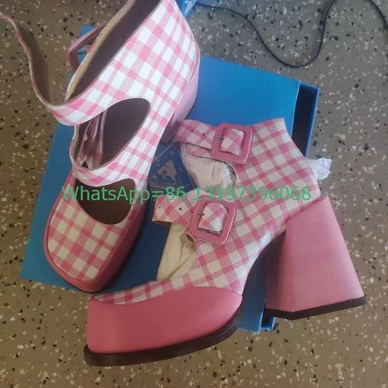 Lady Vintage Pink Plaid Cut-Out Mary Janes Shoes Chunky Heel Buckle Strap Daily Causal Dress Elegant Pumps Mary Janes Rozmiar 35-46