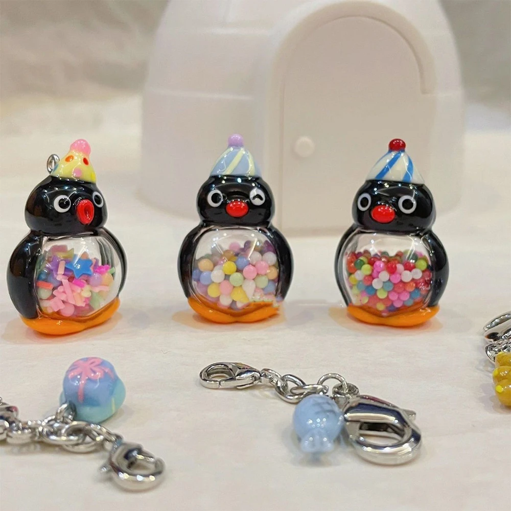 Kawaii Pingu Keychain Penguin Family Backpack Pendant Cartoon Phone Chain Cute Hand Drawn Beads Accessories Hanging Chain Gift