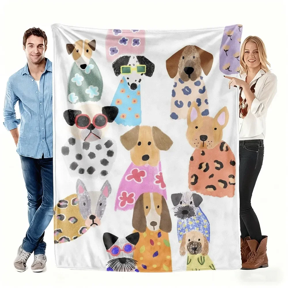 Cute Dressed-Up Dogs Pattern Flannel printed blanket suitable for all seasons suitable for living room office sofa and travel