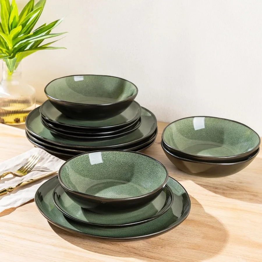 أطقم أواني طعام سيراميك مصنوعة يدويًا مع طلاء تفاعلي لتناول الطعام اليومي والمناسبات الخاصة، رقاقة عالية ومقاومة للشقق