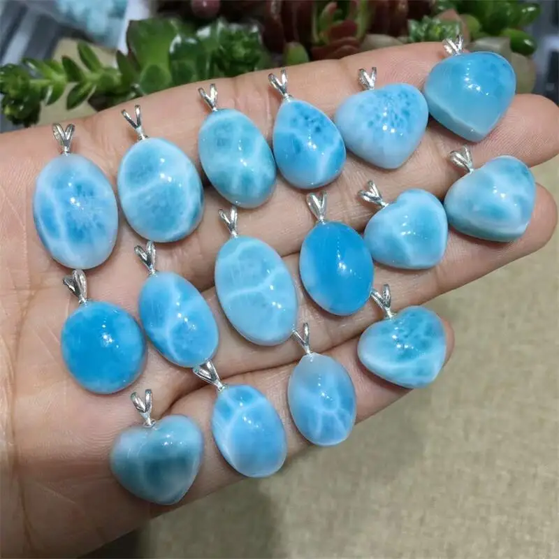 S925 Natural Larimar Pendant  Fashion Women Healing Jewelry Gemstone Crystal Charm Choker Necklace Gift 1PCS