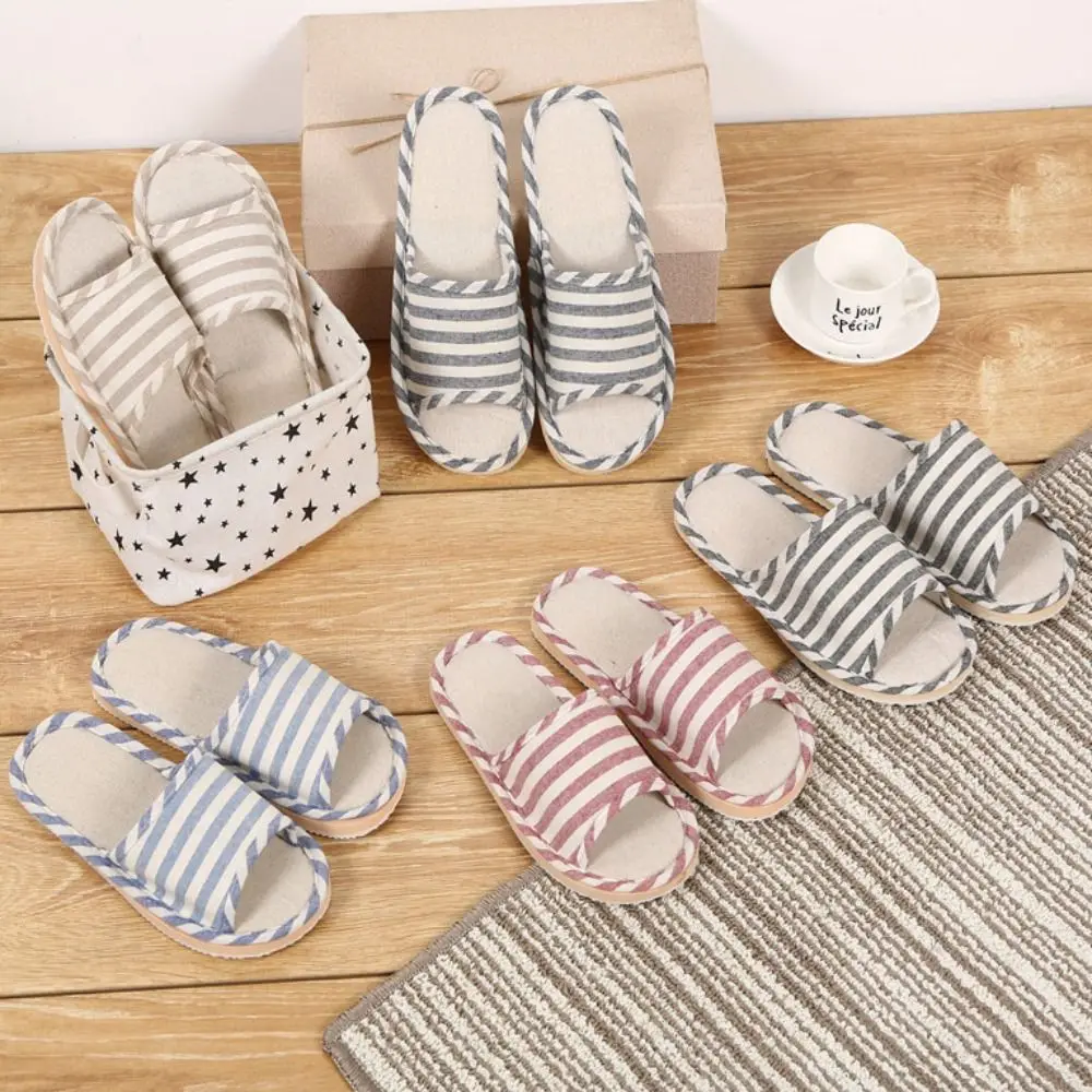 Fashion Non-Slip Linen Stripe Slippers Durable Sweat Absorption Indoor Slippers Casual Summer Autumn Homewear Shoes Women/Men