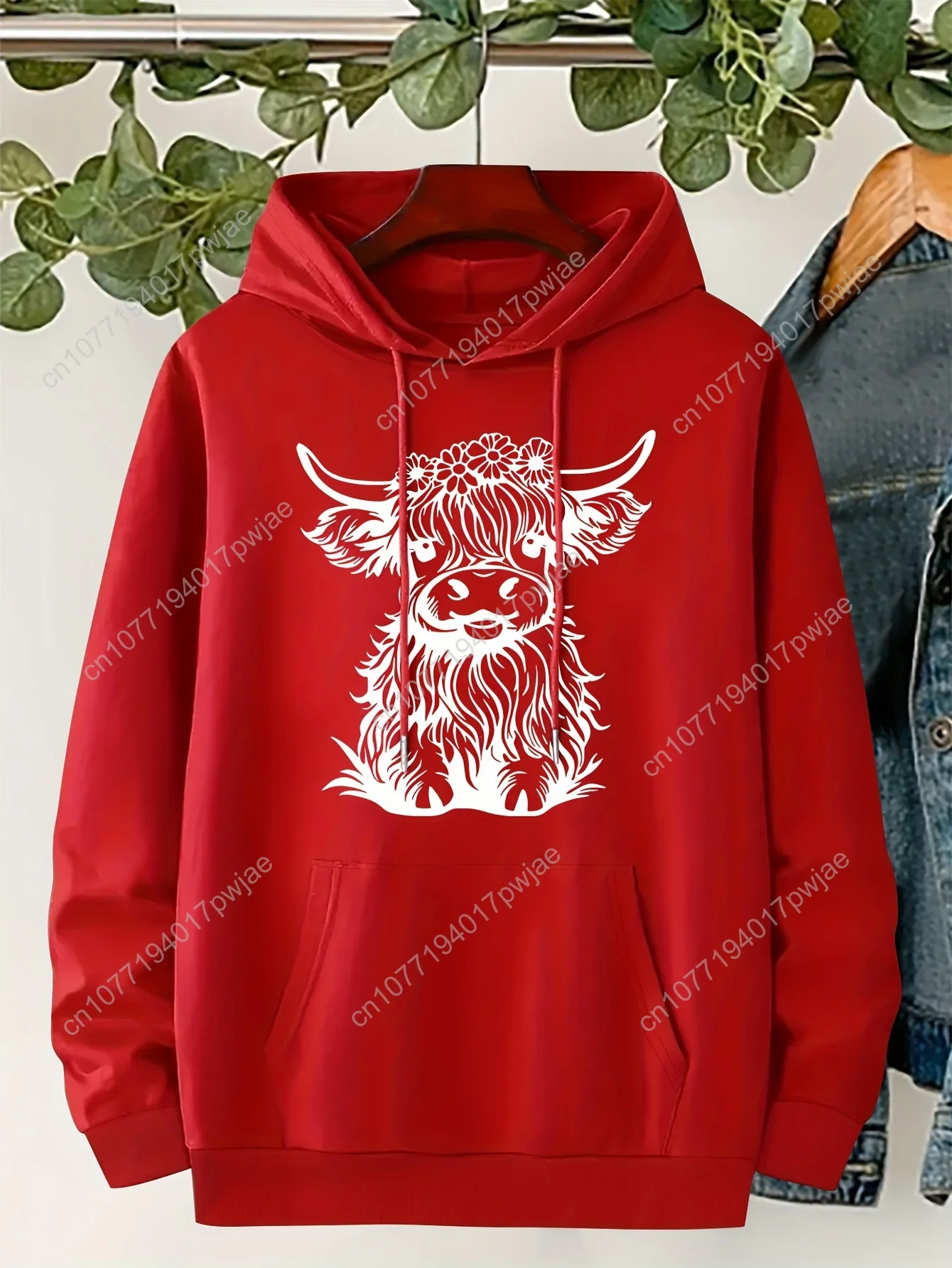 Sweat à capuche confortable grande taille imprimé Yak pour femme – Pull décontracté à manches longues avec poches, polyester extensible doux, parfait pour l'automne