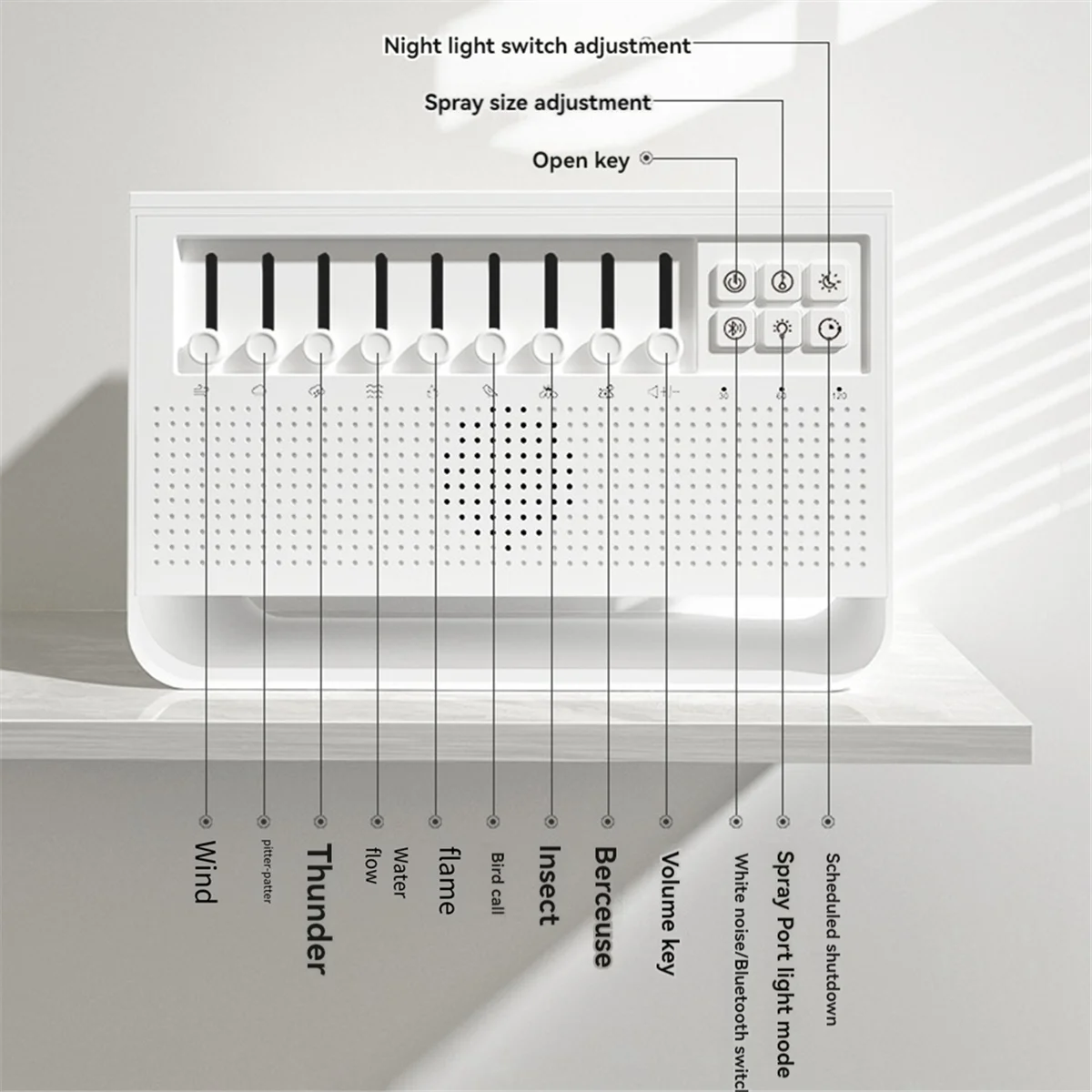 AD41-مكبر صوت بلوتوث مع 8 أنواع من موسيقى النوم بالضوضاء البيضاء 200 مل مرطب هواء للعلاج العطري محاكاة لهب ليلاً