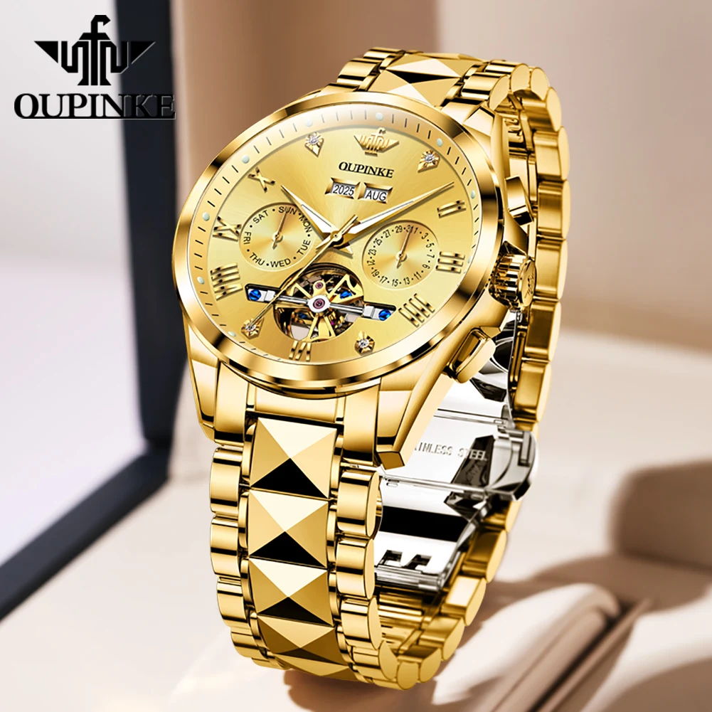 OUPINKE 3240 Skeleton Flywheel Multifunctional Automatic Mechanical Watches for Men 44mm Large Dial Tungsten Steel Luxury Watch