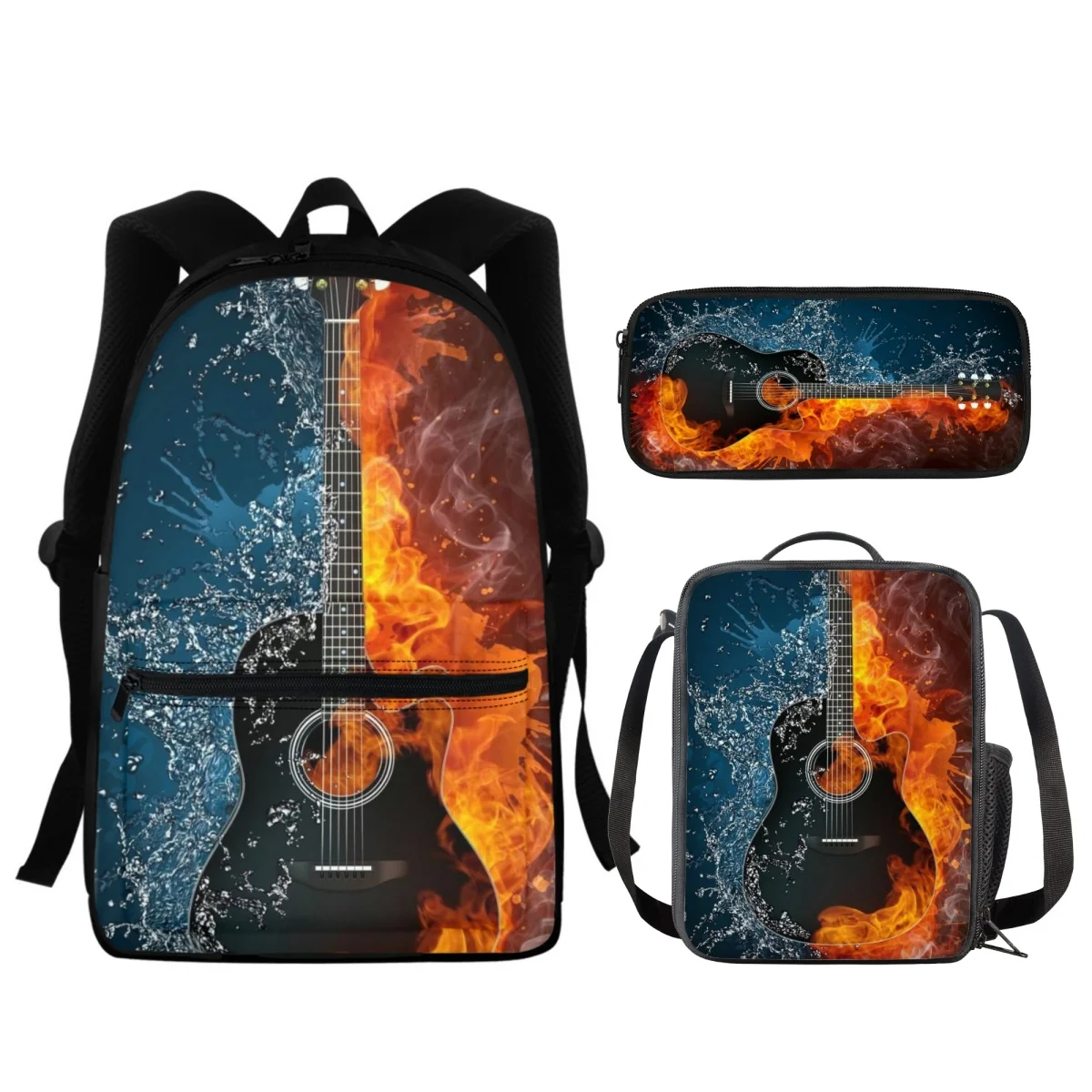 FORUDESIGNS-bolsas de libros con diseño de llama de guitarra para estudiantes, estuche de lápices, bolsa de almuerzo Diagonal de hombro, Mochila portátil de música, 3 unids/set