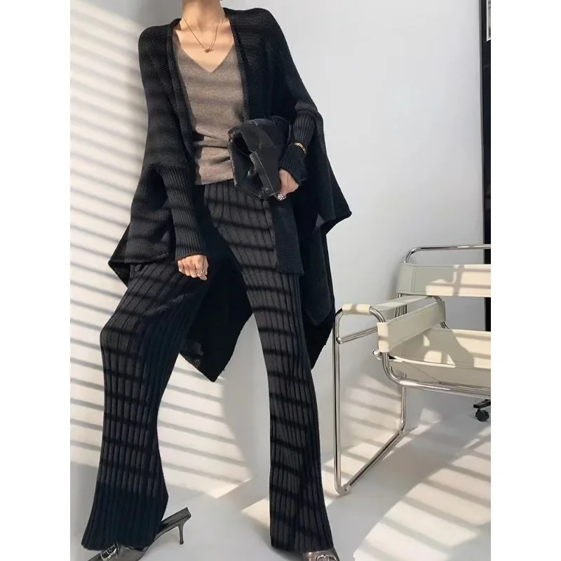 محبوك واسعة الساق ممسحة متوهج السراويل النساء فضفاضة الخريف عالية الخصر مستقيم سراويل تقليدية متماسكة السراويل أساسيات الإناث ثنيات فضفاض