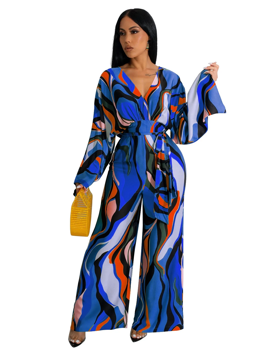 

Szkzk Blue Green Printed Women Long Sleeve Tie Belt V-neck Wide Leg Jumpsuits Casual Holiday Party High Waist One Piece Set