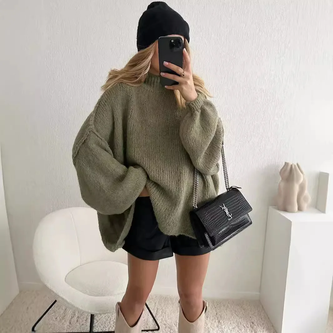 

Pullover Sweater Women Autumn Winter Mock Neck Loose Fit Sweaters Ribbed Lantern Sleeves Oversized Knitwear Pullovers Streetwear