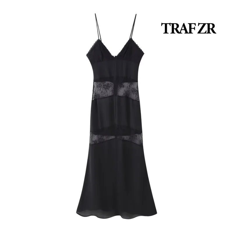 ZR Siyah İpek Slip Elbise - Dantelli V Yaka Spagetti Askılı Gecelikten Esinlenen S/S Elegance