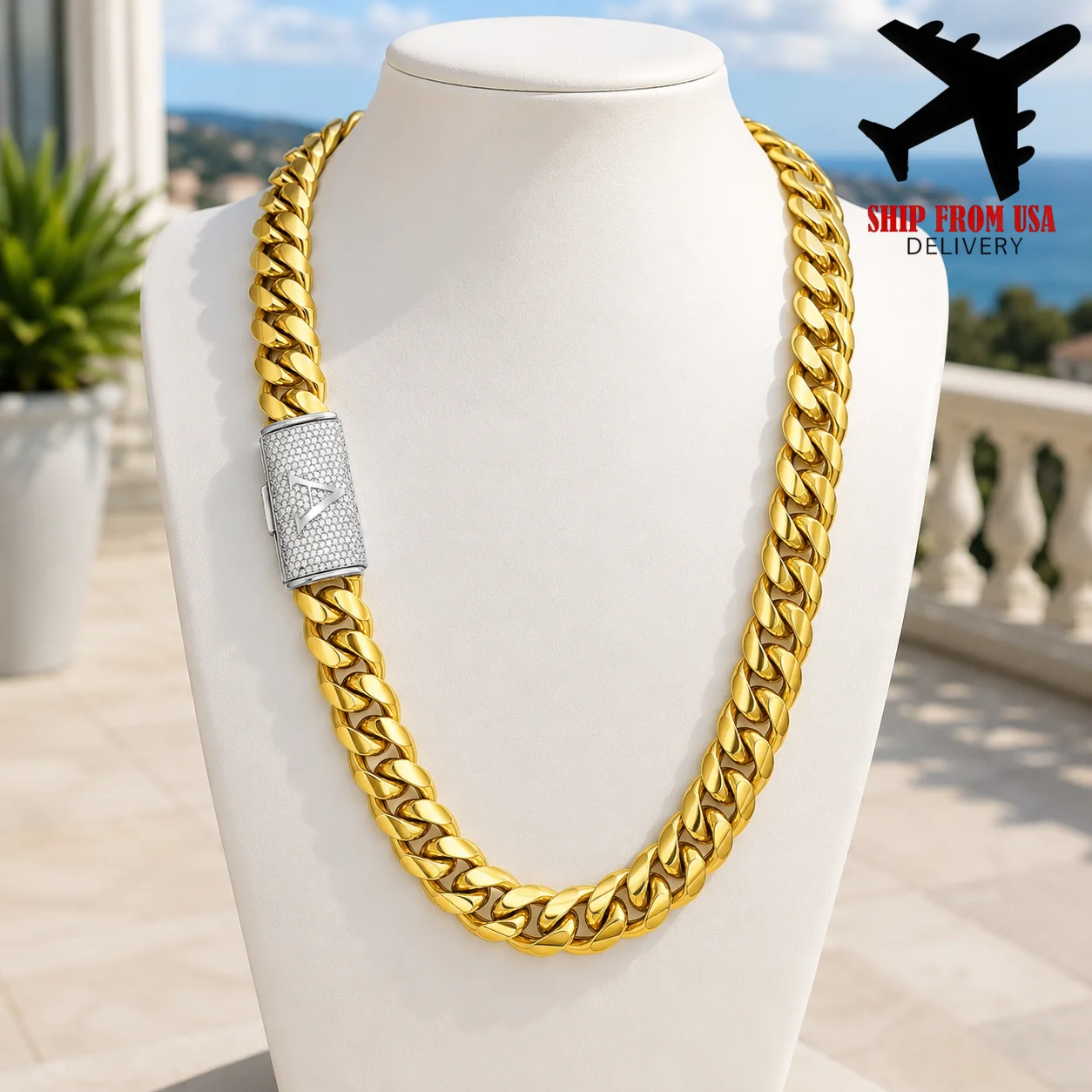 14mm Gold Plated Cuban Link Chain Necklace for Men with A-Z Initial Letter Pendant Clasp, Stainless Steel Miami Curb Chain, Personalized Hip Hop Jewelry, Bold Streetwear Fashion Accessory Gift for Boyfriend Husband