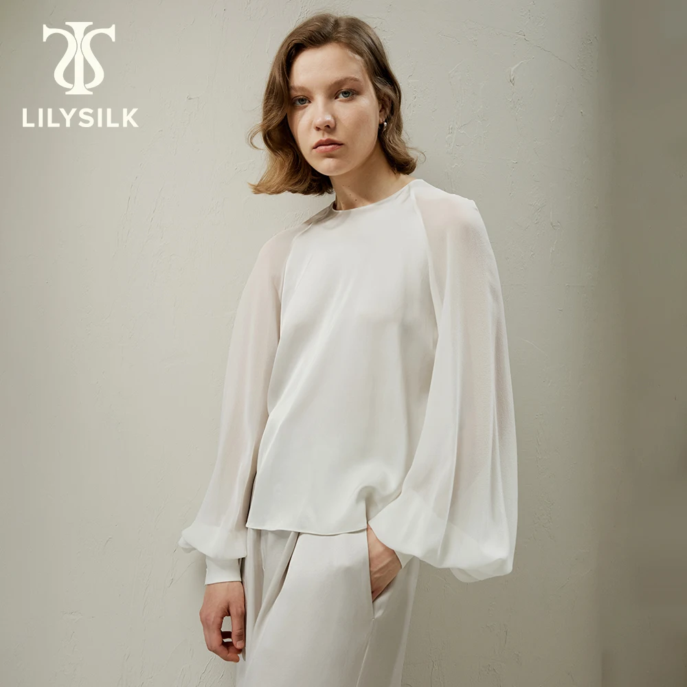 

LILYSILK Silk Blouse for Women 2023 Autumn New Raglan Sleeves 22 Momme Long Sleeve Fashion Top Traf Clothing Free Shipping