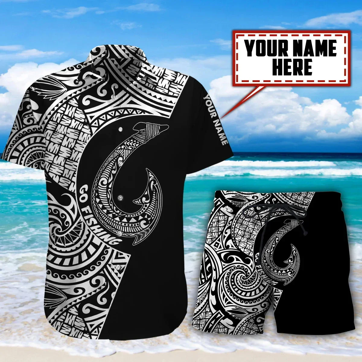 

Polynesian Go Fishing Personalized Name Tattoo 3D Printed Hawaii Shirt Combo With Shorts Summer beach Casual Men's Set CYTZ03