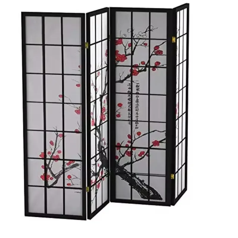Black Japanese 4-Panel Screen Room Divider, Plum Blossom