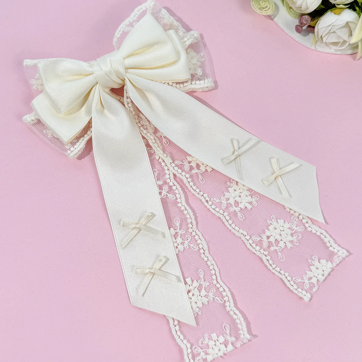 20PC Vintage French-Style Lace Floral Embroidery Bow Hair Clips with Long Tassels Elegant Hairgrips for Women And Girls Headwear
