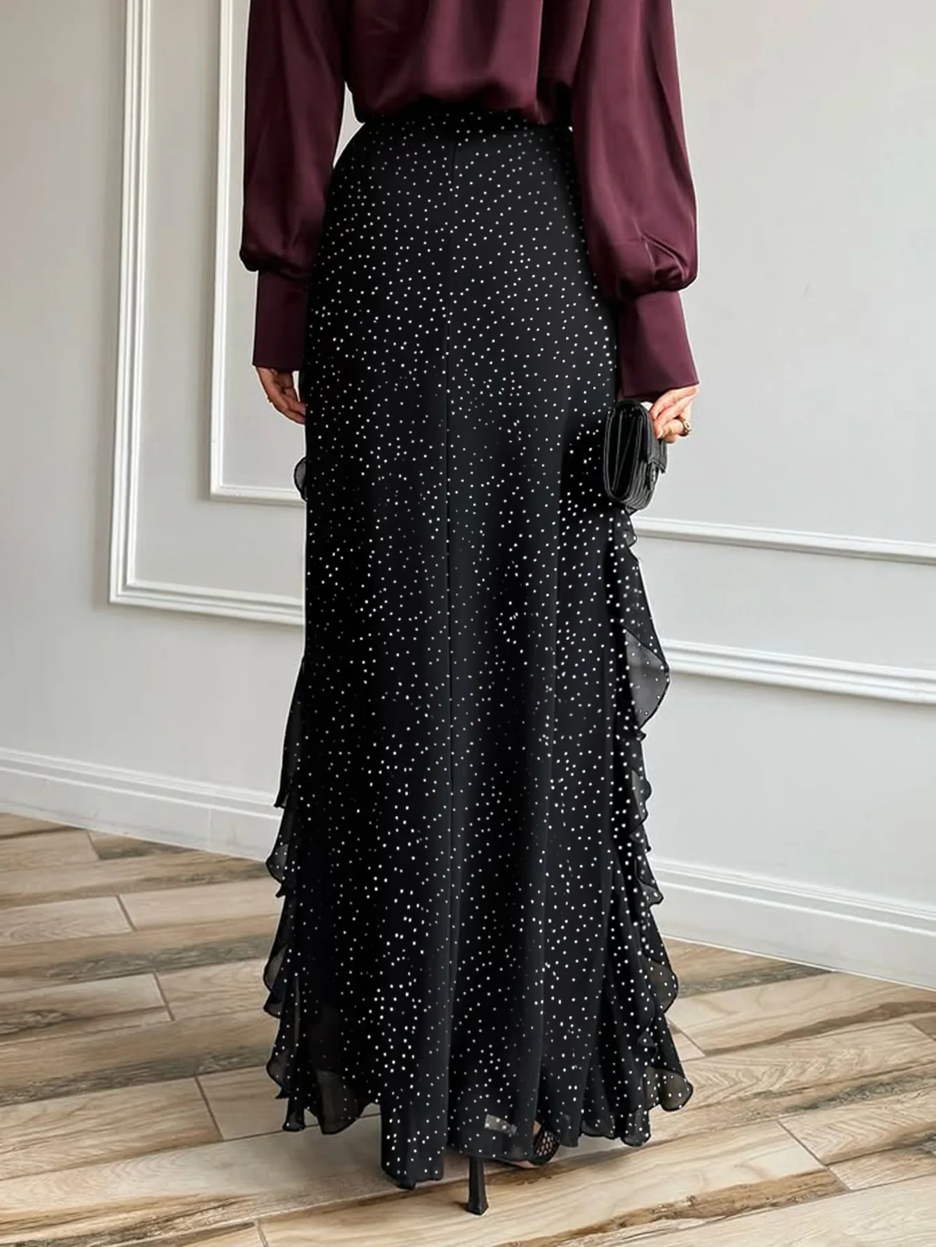 Gonna slim fit da donna con stampa a pois con decorazione bordo fungo nero elegante e alla moda, gonna casual a vita alta a trapezio