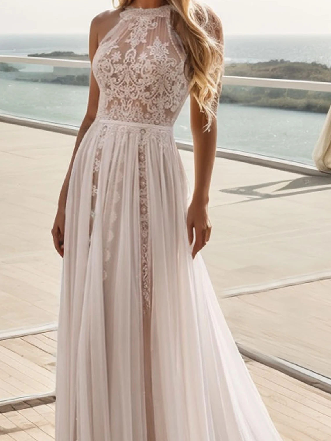 Elegant Sexy A-Line Beach Wedding Dress Sleeveless Chiffon Lace Jewel Neck Court Train Modern Bridal Gown 2025 Free Customized