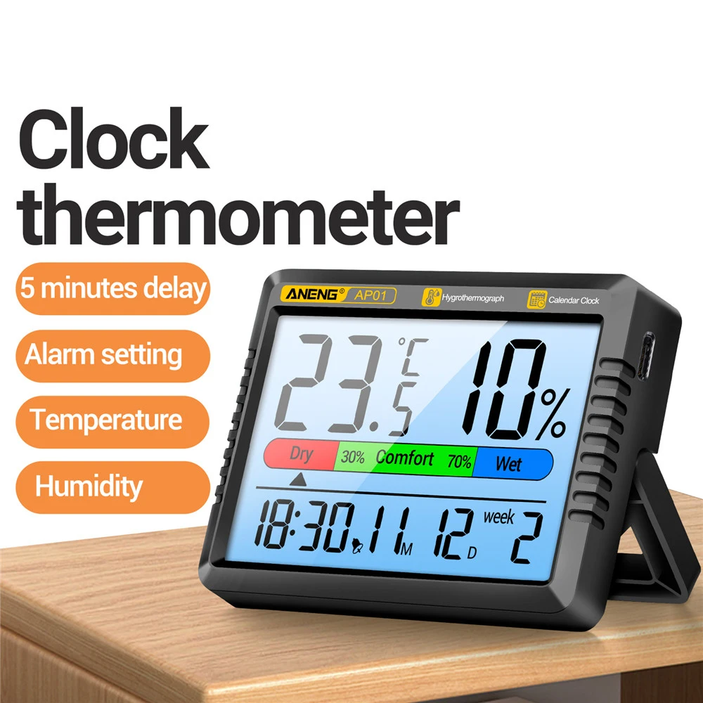 High-Precision AP01 Digital Air Thermometer Hygrometer  Electronic Clock Multiscene High Definition Screen Thermohygrometer