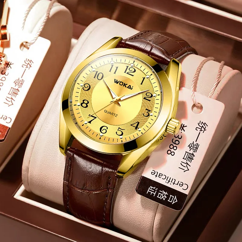 Wokai Hoge Kwaliteit Fashion Casual Geel Goud Mannen Lederen Riem Quartz Horloge Mannen Business Sport Digitale Klok Retro