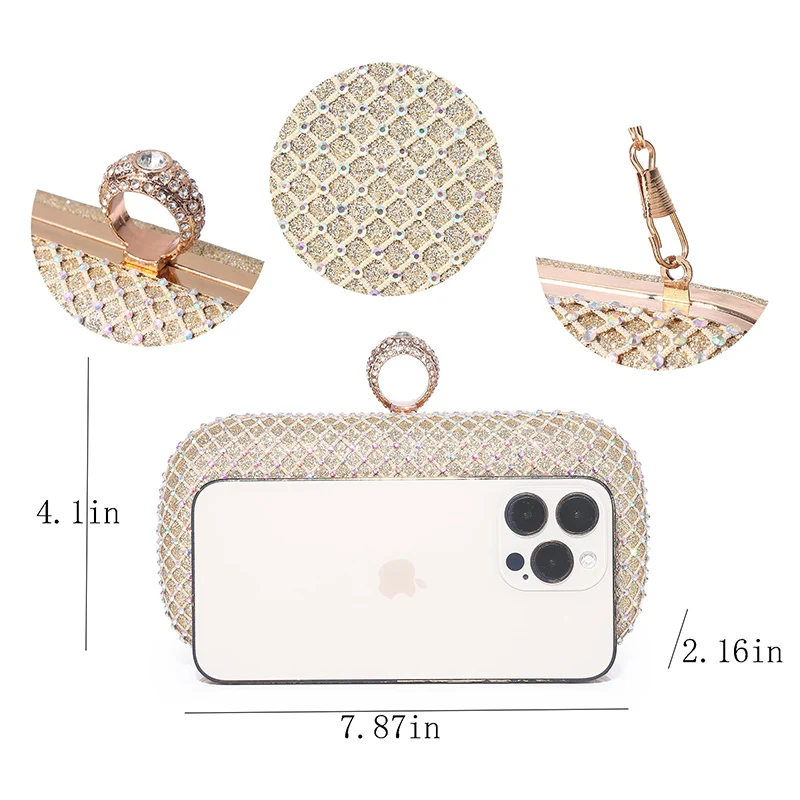 Gold Rhinestone Clutch Handbag with Crystal Diamond Ring Clasp Luxury Bride Bridesmaid Wedding Party Formal Purses Shoulder Bag