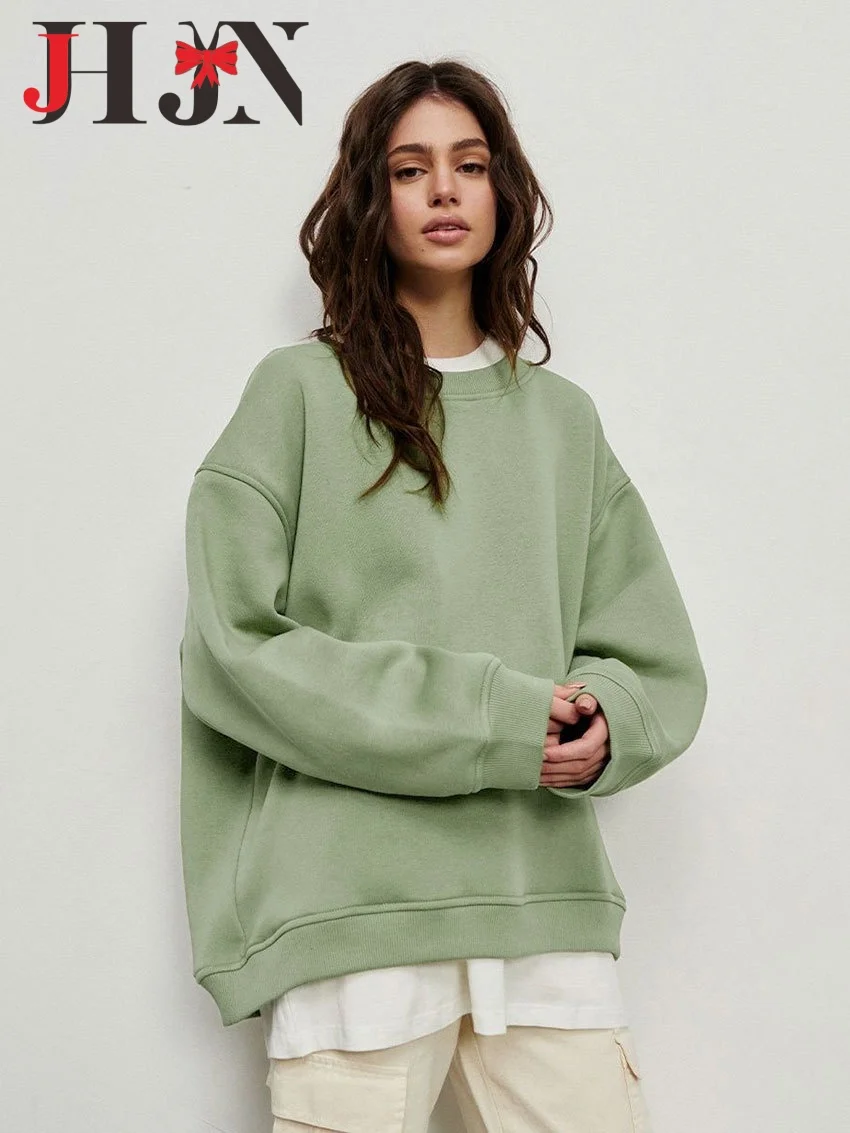 

JHJN Woman Simple Sweatshirt O-Neck Solid Color Pullovers Trendy Female Tops All-Match Outerwear Loose Tracksuit Casual Hoodies