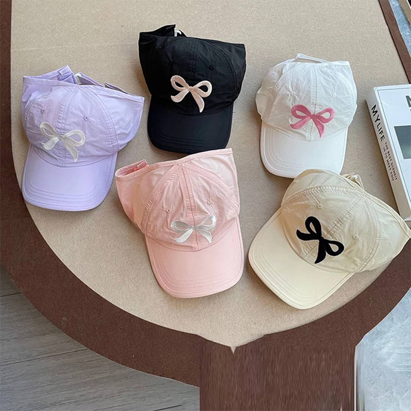 

Summer Quick-Drying Boys and Girls Sun Visor with Stylish Bow Embroidery, Children's Ponytail Baseball Cap with Empty Top