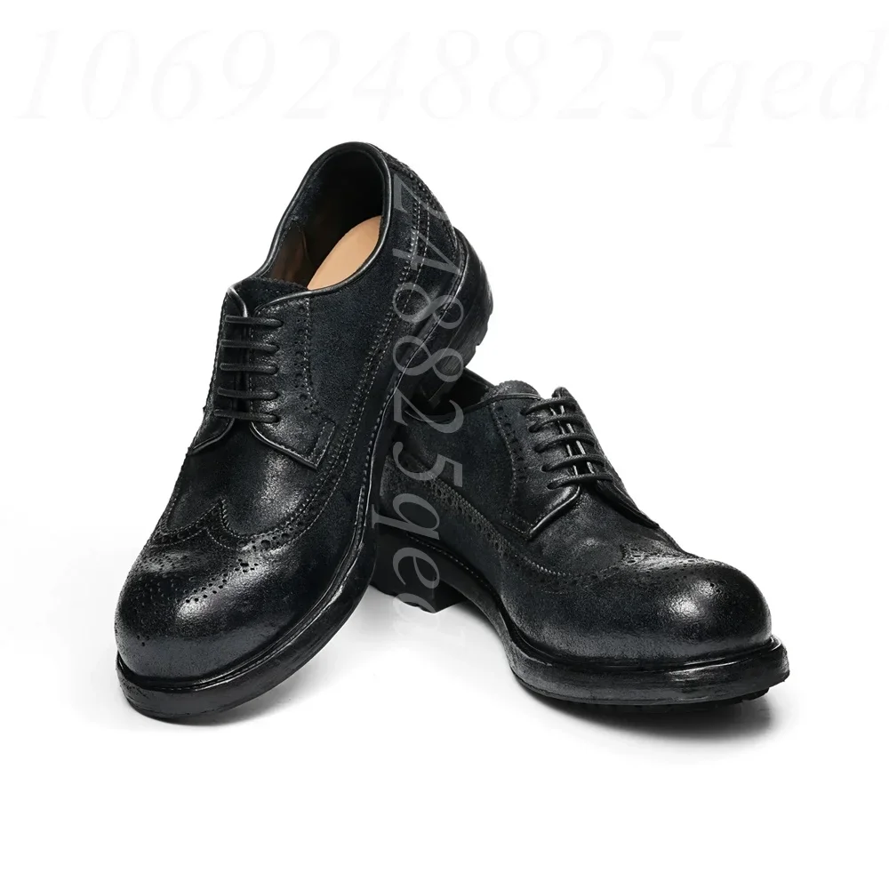 Handcrafted Distressed Leather Wingtip Brogue Derbys for Men Lace Up Chunky Sole, Retro Style Casual & Business Dress Footwear