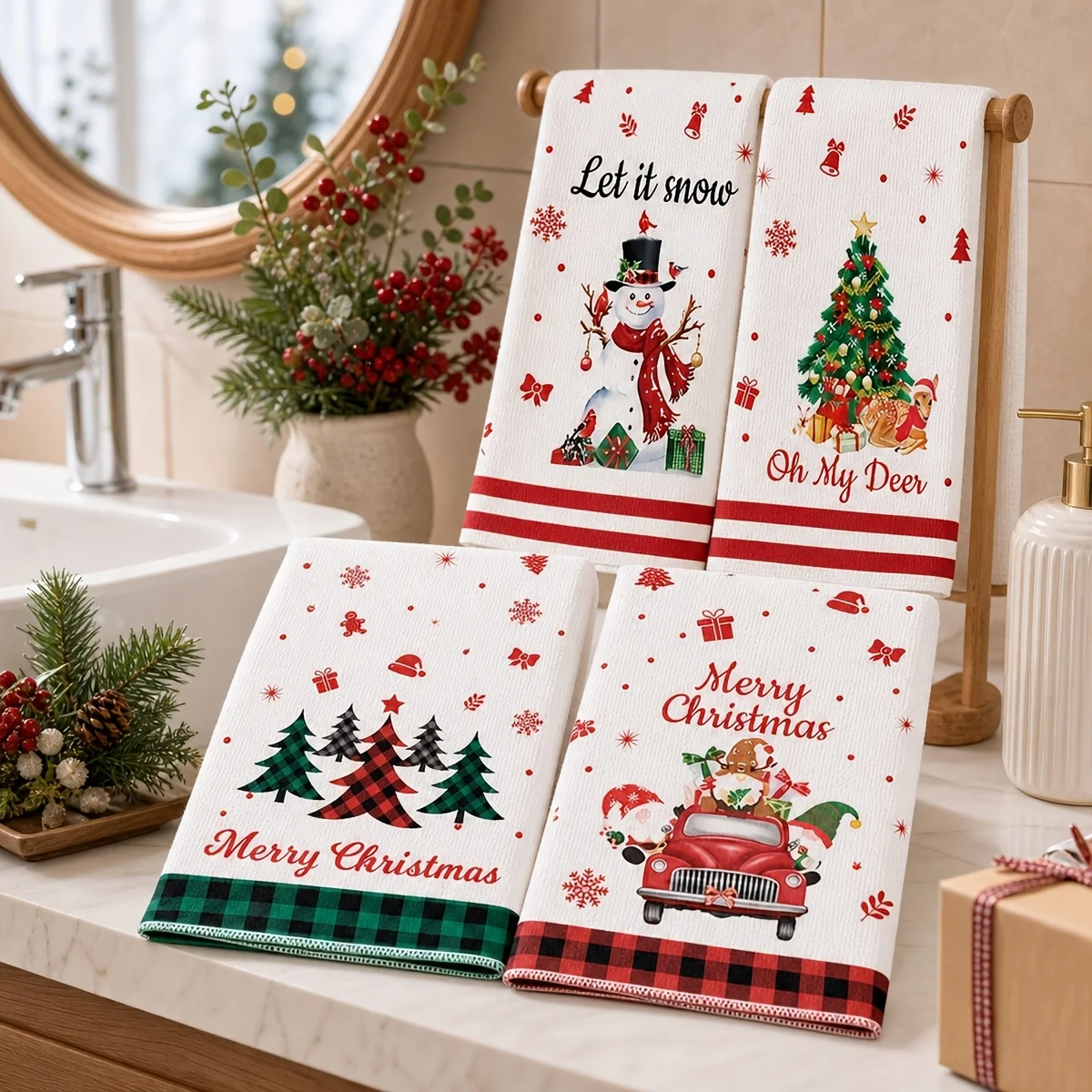 Pack of 4 Christmas kitchen towels, snowman, Christmas tree, red truck and Santa pattern dishtowels