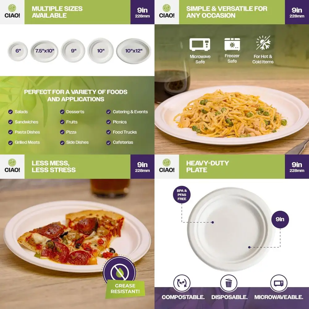 

9 прочных биоразлагаемых тарелок из неотбеленной багассы, натурального белого цвета, упаковка 500 шт.