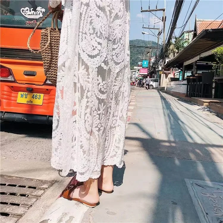 2024 Jurk Strand Wit Kant Zomer Maxi Jurk Vrouwen Lange Mouw Strand Cover Up Sexy See Through Boho Bikini Strandkleding Cover-Ups