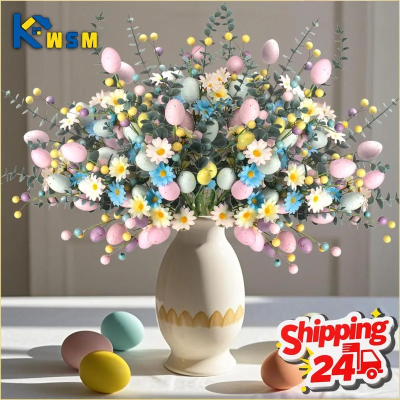 1–10 Stück Osterei-Blumenstiele, künstliche Gänseblümchen, Eukalyptus und Beerenzweige für Vasen-Mittelstück und Frühlings-Heimdekoration