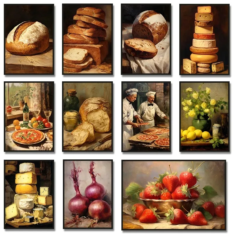 Vintage Bread Strawberries Pizza Lemons Poster Print Country Kitchen Wall Art, Antique Still Life Canvas Painting Cooking Dec
